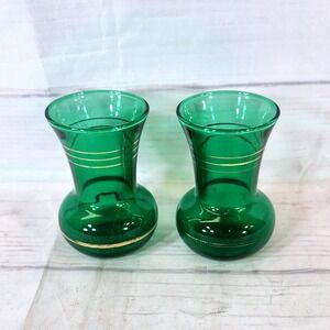 Vintage Anchor Hocking Emerald Green Glass Flared Bud Vase Gold Bands